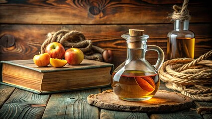 A rustic wooden table with a book, apples, rope, and a glass bottle of liquid, offering a simple and comforting ambiance.