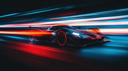 A dynamic racing car in motion, surrounded by vibrant light trails.