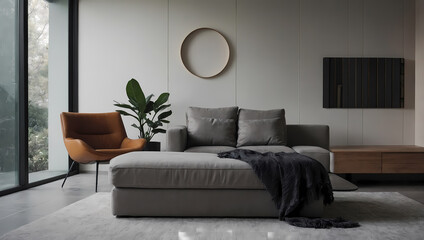Fototapeta premium A contemporary living space features a large grey fabric daybed, a brown leather armchair, a wooden media console, and a circular wooden wall décor. Neutral tones and minimalist design are prominent.