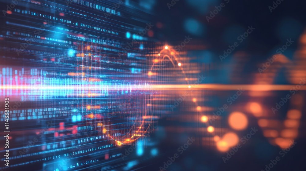 Poster abstract visualization of data streams and waveforms representing technology and information flow.