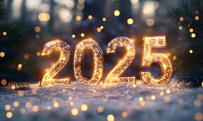 Glowing 2025 year number on snowy ground with bokeh lights.