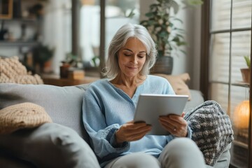 Cheerful elderly woman sitting on a gray couch using a tablet at home smiling enjoying digital communication and reading an electronic book in a cozy Scandinavian living room