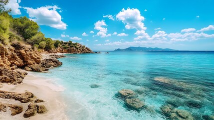 Fototapeta premium Beautiful Mediterranean Beach. Turquoise Water, Sunny Day, Vacation Concept.