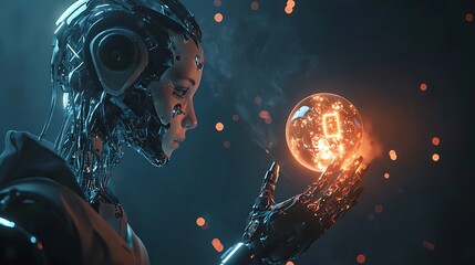 A woman in a robot suit holding a glowing orb