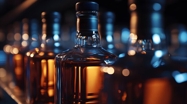 Elegant whiskey bottles illuminated with warm light.