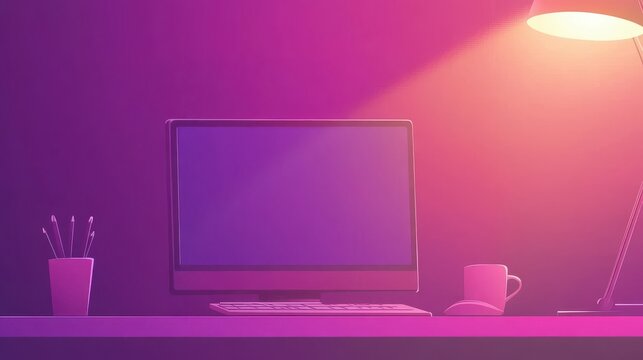 A 3D rendering of a modern room interior with a purple accent wall, a wooden coffee table, and a laptop