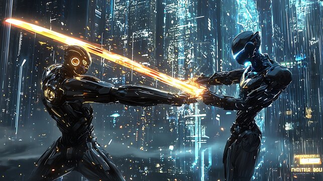 Two robots are fighting each other with swords in a city