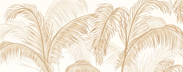 Light tropical art background with golden palm leaves. Botanical art banner in line style for decor, print, textile, wallpaper, decoration, poster, interior design.