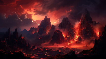 A dramatic volcanic landscape with flowing lava, billowing smoke, and glowing red light illuminating the surrounding rocky terrain. 