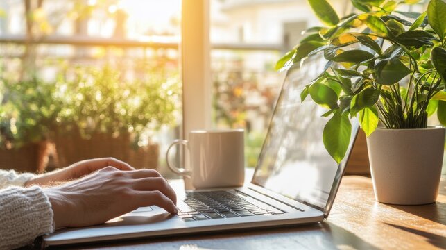 Working on laptop with a cup of coffee on a desk at home