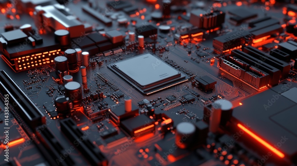 Aufkleber A close-up view of a computer circuit board illuminated with red lighting.