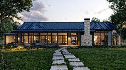 Obraz premium Modern farmhouse exterior at dusk.