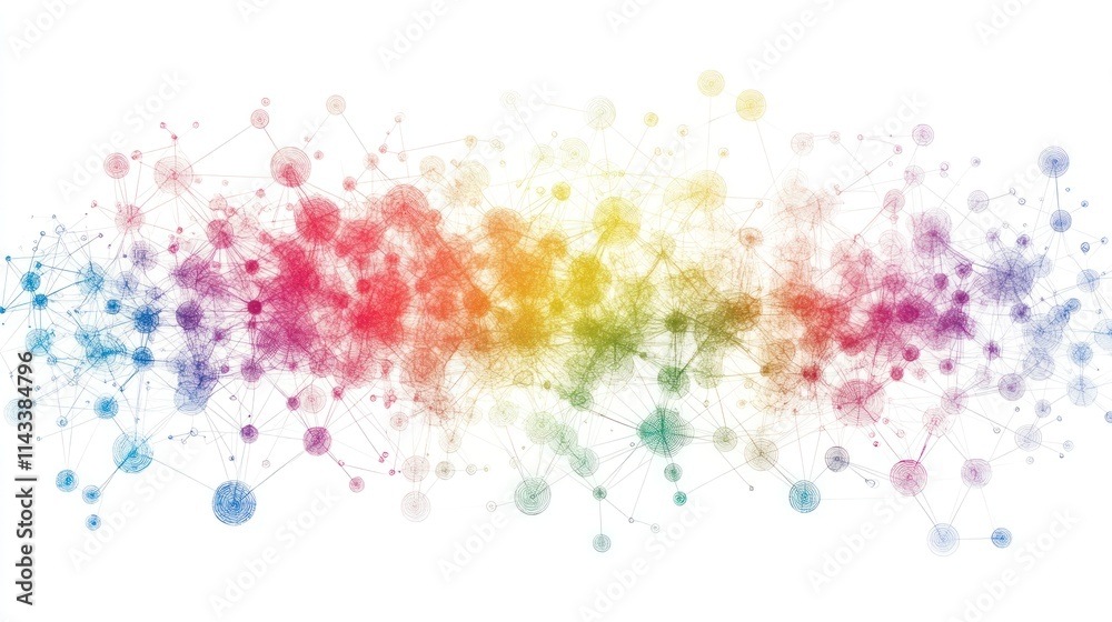 Poster abstract colorful network visualization representing connections and data relationships.