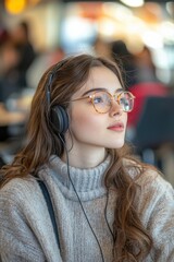 Young woman enjoying music in a cozy indoor space during daytime while wearing glasses and headphones. Generative AI