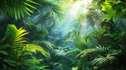 Lush green tropical rainforest with sunlight streaming through dense foliage.