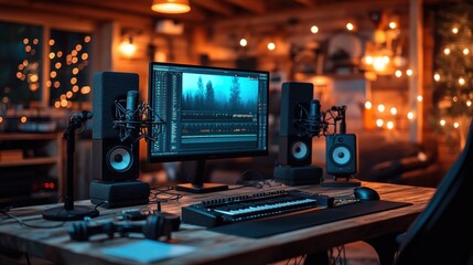 Obraz premium A cozy home studio with a computer, speakers, and microphones for music production.