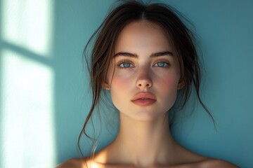 Naklejka premium Woman Skincare Blue Background Natural Light Minimalist