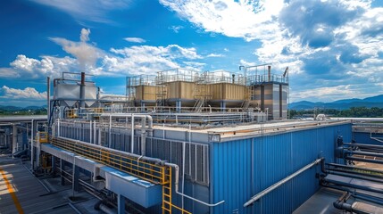 Industrial facility with cooling towers under a blue sky and clouds.