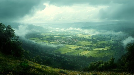 Misty Valley Landscape: Serene Countryside View