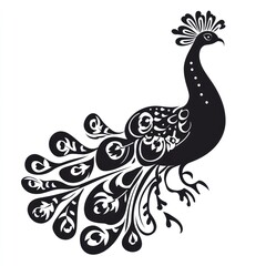Fototapeta premium A stylized black silhouette of a peacock with intricate feather designs.