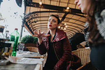 Two business people are deeply engrossed in a dynamic outdoor meeting, passionately exchanging...