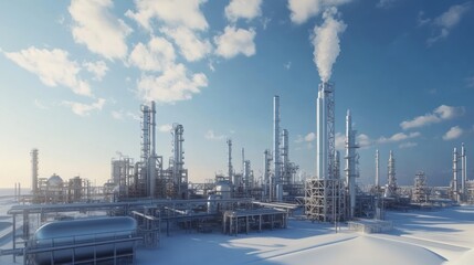 Obraz premium Industrial landscape featuring oil refinery structures and smokestacks against a clear sky.