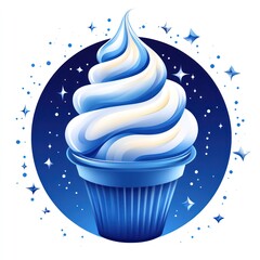 A stylized blue and white swirl ice cream cone set against a starry background.