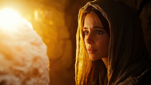 A tender portrayal of Mary Magdalene discovering the empty tomb at dawn, featuring soft lighting and a deeply emotional expression that captures the profound moment of realization and hope.