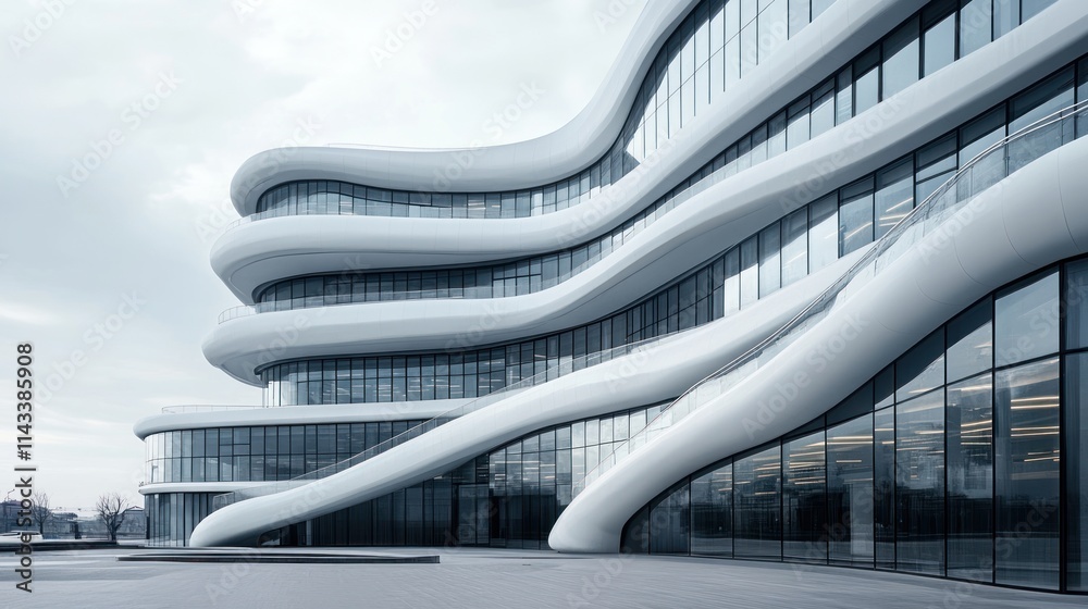 Poster modern architectural design featuring fluid lines and large glass windows.