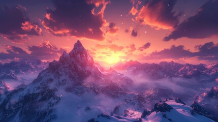 Obraz premium Majestic Mountain Sunrise Over Snow-Covered Landscape in Pink Sky