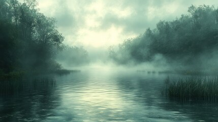 Fototapeta premium Misty river flows through foggy forest.