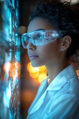 Young scientist analyzing data on a futuristic screen in a dimly lit research lab. Generative AI