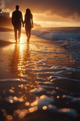 Couple walking hand in hand along the shore at sunset with golden reflections on the water. Generative AI