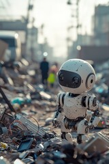 Robot explores a post-apocalyptic landscape filled with debris and destruction during daylight hours. Generative AI