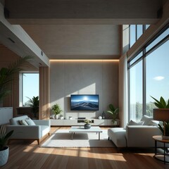 Fototapeta premium Living room interior with tv and plants wood concrete design wood design concrete architecture wall floor modern