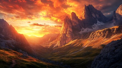 An expansive landscape of towering mountains drenched in golden hour light, with a fiery sunset sky blending into the peaks, offering a serene, peaceful atmosphere  © aun