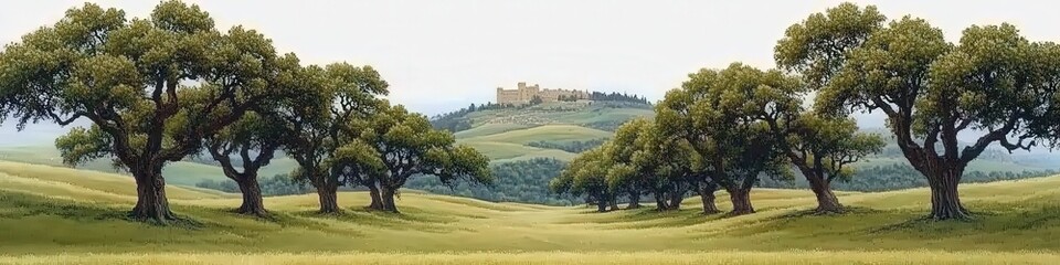 Obraz premium Majestic Oak Trees in Rolling Hills Landscape with Historic Castle in Background Under Clear Blue Sky Perfect for Nature Adventure Travel in Picturesque Countryside