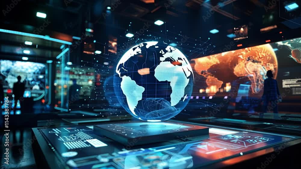 Poster inside a futuristic command center, technicians monitor a holographic projection of earth, visualizi