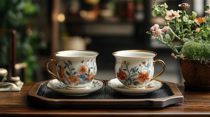 Fototapeta premium Floral teacups, saucers, wooden tray.