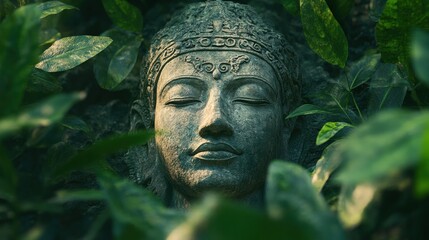 Obraz premium Serene Stone Buddha Face Surrounded by Lush Green Foliage