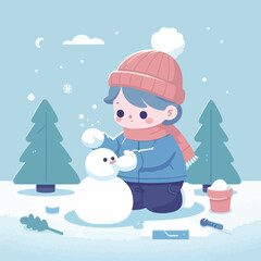 vector image of little boy playing in the snow in winter