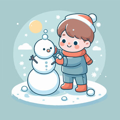 vector image of little boy playing in the snow in winter