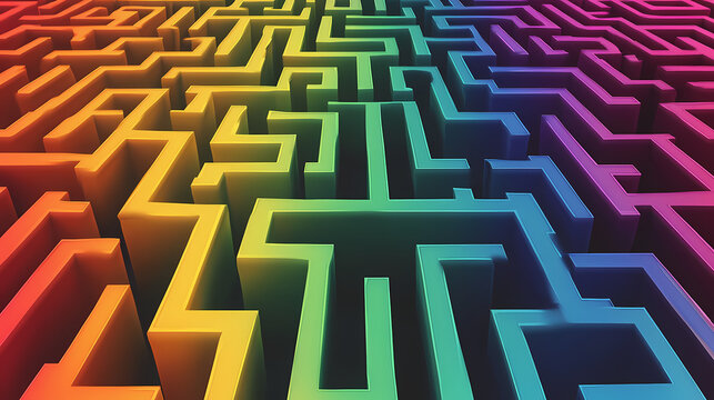 A vibrant, colorful maze design featuring intricate paths in rainbow hues, creating a visually stimulating pattern. Labyrinth. Illustration