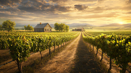 Naklejka premium Sunset Over a Scenic Tuscan Vineyard with Rustic Farmhouses