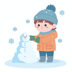 vector image of little boy playing in the snow in winter
