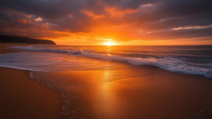 Obraz premium Breathtaking Sunrise Over Calm Ocean Waves on Sandy Beach