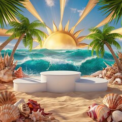 Sunny beach podium backdrop with seashells, sun rays, and turquoise sea waves