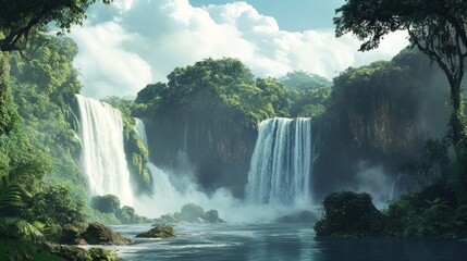 Fototapeta premium Serene Waterfall in Lush Jungle