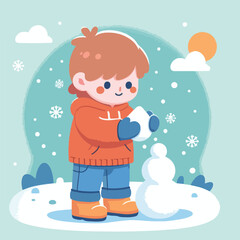 vector image of little boy playing in the snow in winter