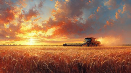 Fototapeta premium Wheat Harvesting at Sunset in a Golden Field with Combine Harvester